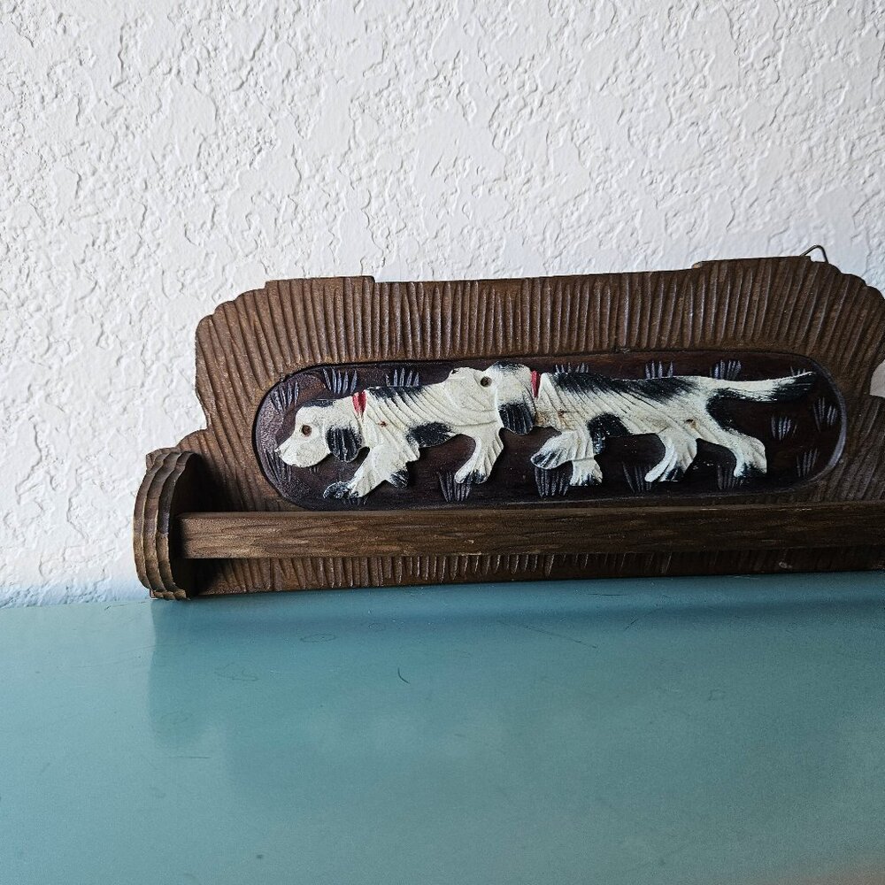 Vintage 30s Handmade Signed Hunting Dog Wooden Primitive Wall Hanging Tie Rack - Picture 2 of 5
